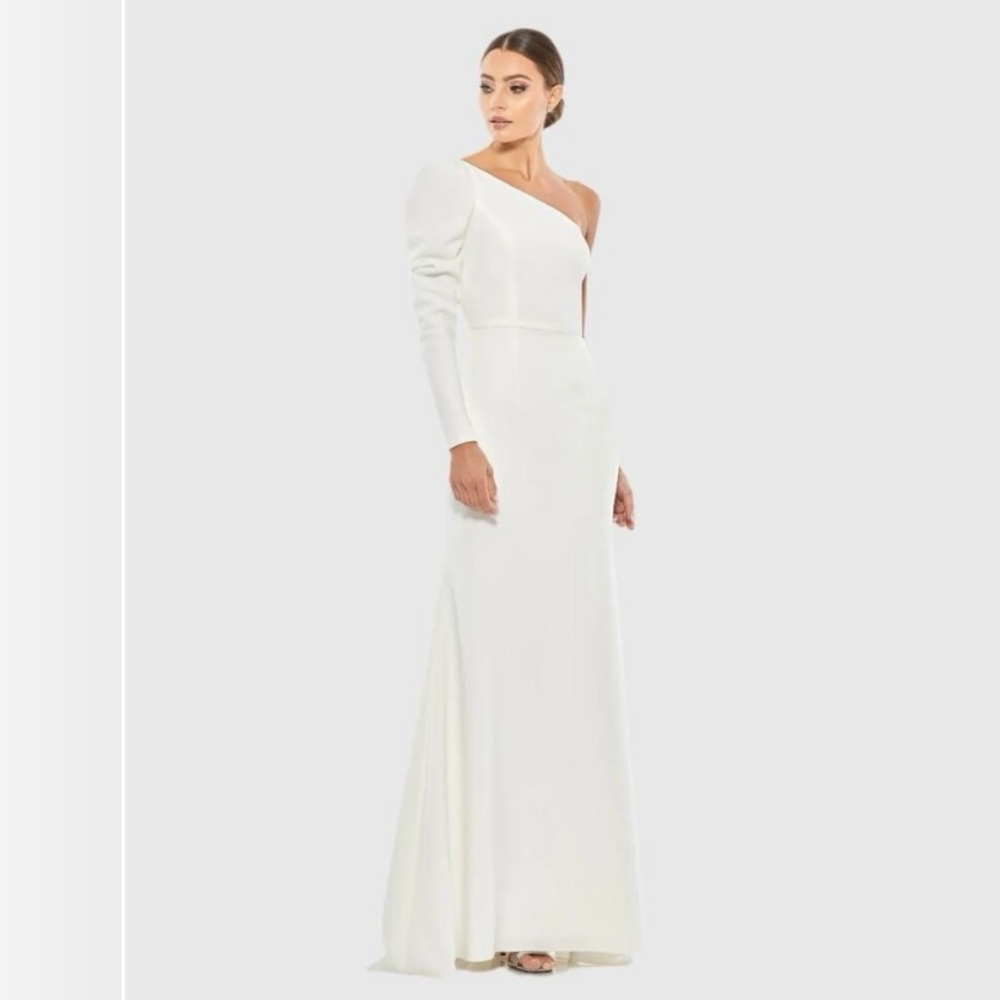 Mac Duggal White One Shoulder Puff Sleeve Gown NWT 🌴